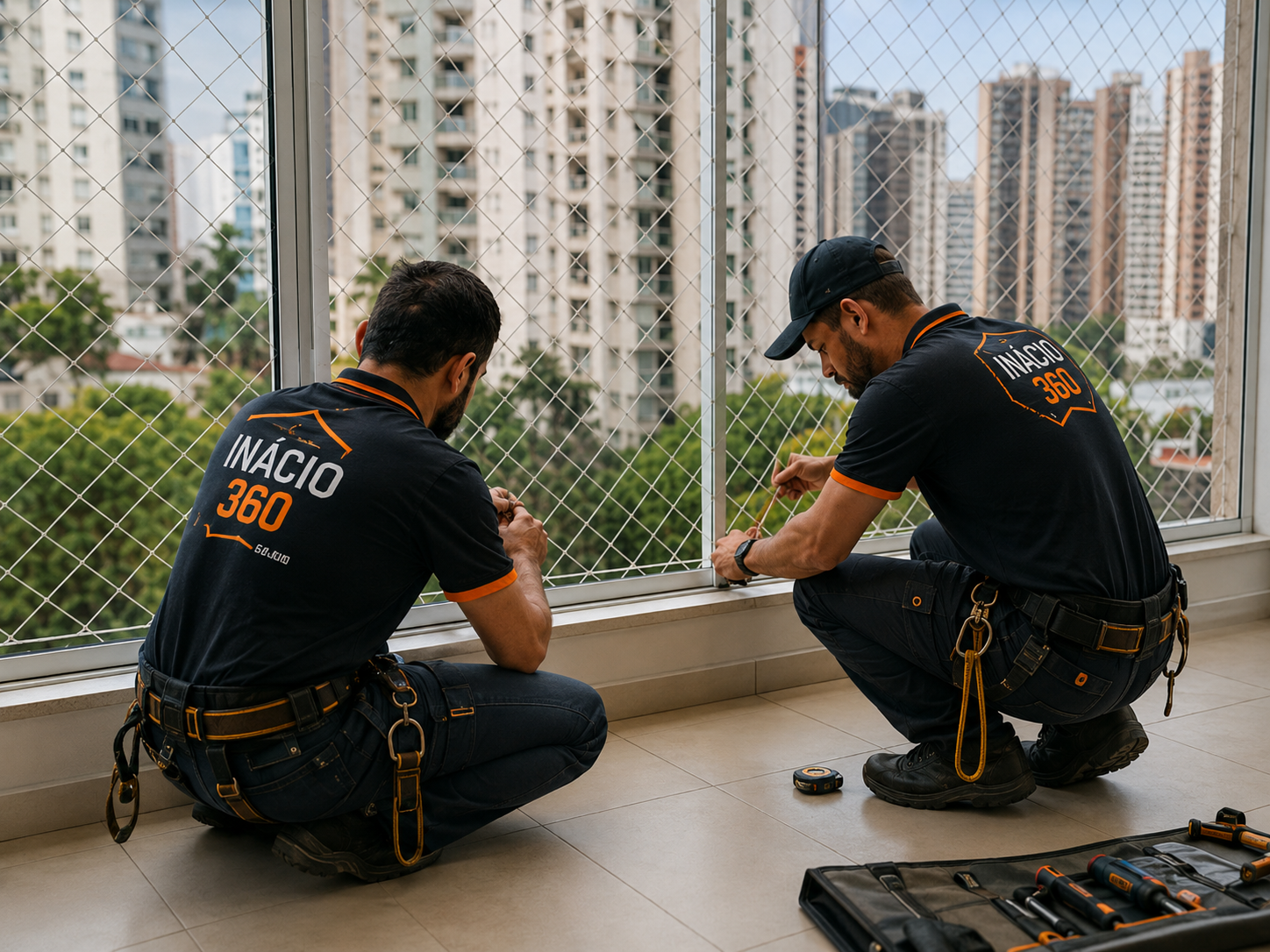 Instaladores In&aacute;cio 360 instalando rede de prote&ccedil;&atilde;o